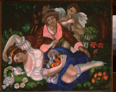 Alegorik sahne. (Birkaç sevgili, birkaç güvercin ve Cupid çalan müzikle çevrili). Sergei Yurievich Sudeykin (Serge Soudeikine) (1882-1946), tuval üzerine yağlı boya, yaklaşık 1910. Rus sanatı, 20. yüzyıl, art nouveau, modernizm. by Sergei Yurevich Sudeikin