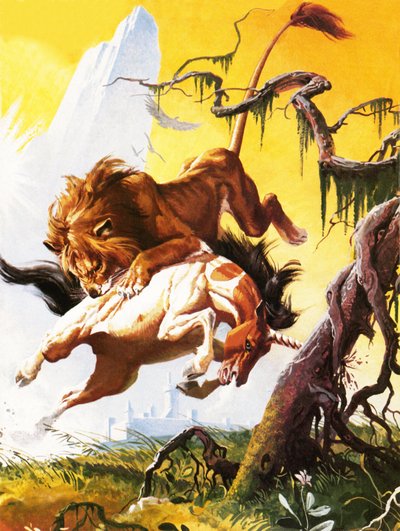 Tek boynuzlu at ve aslan arasındaki kavga by Severino Baraldi