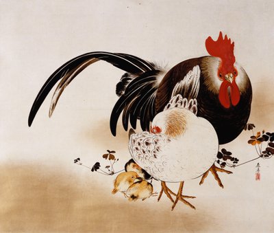 Horoz, tavuk ve civcivleri tasvir eden asılı parşömen (hazırlanmış kağıt üzerinde renkli vernik) by Shibata Zeshin