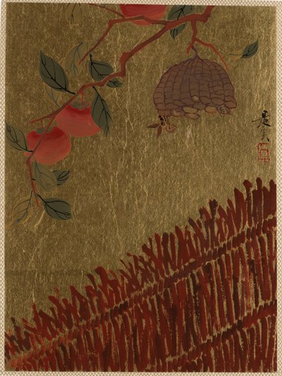 Bir Çitin Üzerinde Hurma Dalı ve Yaban Arısı Yuvası. by Shibata Zeshin
