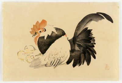Horoz, Tavuk ve Civcivler, Meiji dönemi, 1870-79 (renkli tahta baskı) by Shibata Zeshin