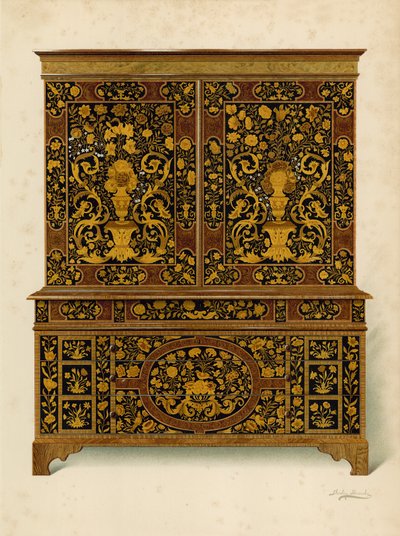 Cabinet Press Inlaid with Marqueterie, property of the Marquess of Exeter (chromolitho) by Shirley Charles Llewellyn Slocombe