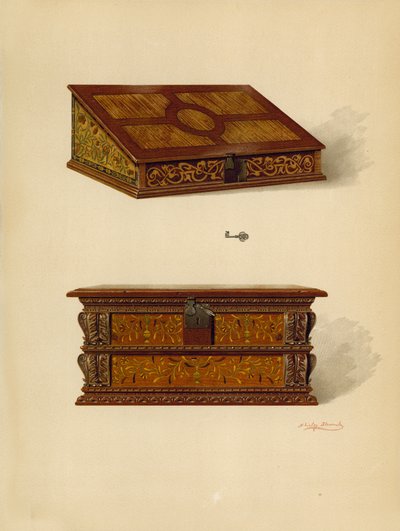 Oak Inlaid Box, property of Edward Quilter; Oak Inlaid Box, property of Edward Quilter (chromolitho) by Shirley Charles Llewellyn Slocombe