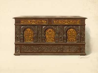 Oak Inlaid Chest, property of Arthur James (chromolitho) by Shirley Charles Llewellyn Slocombe