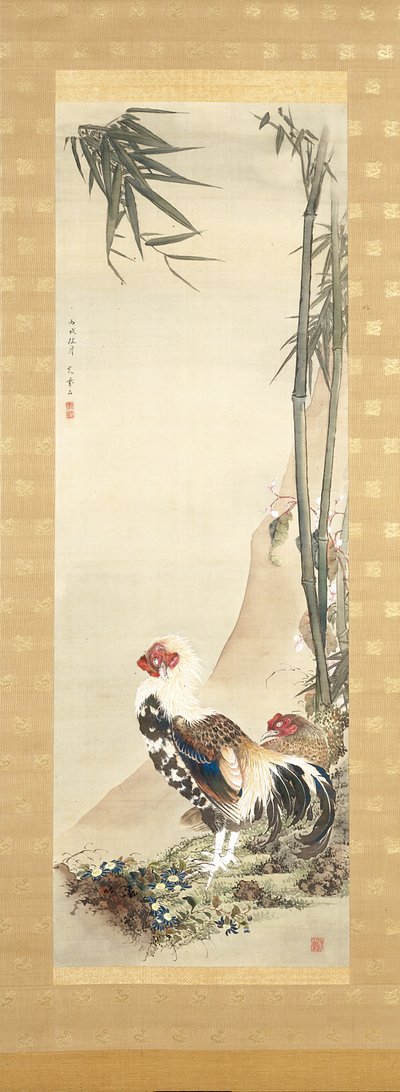 Cock And Hen (ipek üzerine mürekkep ve renkli) by Shiseki So Kankaku