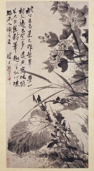 Hibiscus, Lotus ve Rock, ca. 1705-7. by Shitao