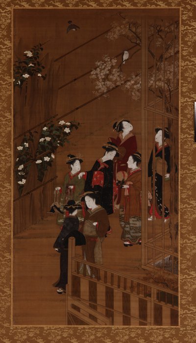 Bir futbol sahasının yakınında yürüyen yedi kadın, Edo dönemi, 18. yüzyılın ortaları. by Shunsho