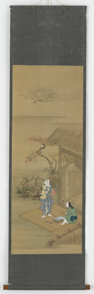 Bir evin önünde kumaş döven iki köylü kız, Edo dönemi, 18. yüzyıl. by Shunsho
