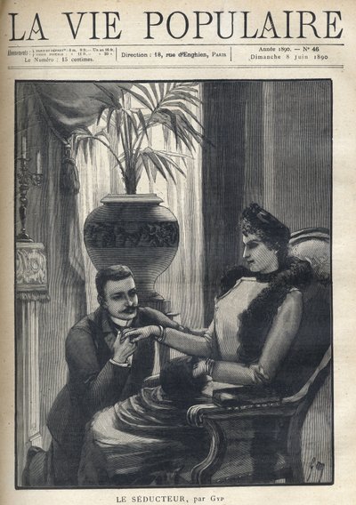 Bir adam dizlerinin üzerinde zarif bir kadının elini tutuyor, burjuva bir oturma odasında oturuyor, paltosu, kolu ve kürklü bir atkı takıyor. Le Seducteur par Gyp (Sibylle Gabrielle Marie Antoinette Riquetti de Mirabeau, Martel d Kontesi) için çizim by Sibylle Gabrielle de Riquetti de Mirabeau