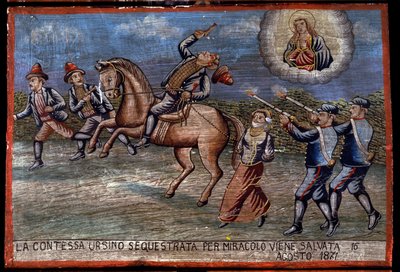 Ex-voto (ex voto) Sicilyalı: “” Kaçırılan Kontes Ursino, 16/08/1871 tarihinde mucize eseri kurtarıldı”. Bir haydut temsili (Brigantaggio): Carabinieri onlara ateş ederken üç soyguncu Kontesi kaçırıyor. . by Sicilian School
