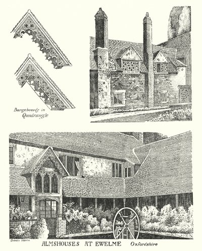 Ewelme, Oxfordshire'daki imarethaneler (gravür) by Sidney Heath