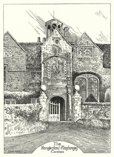 Hungerford Almshouses, Corsham (gravür) by Sidney Heath