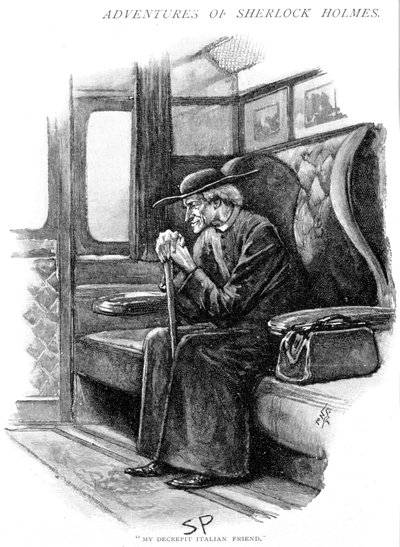 Arthur Conan Doyle Son Sorunun Serüveni Strand Magazine, Londra, 1893. Holmes'u çizen ilk sanatçı olan Sidney E. Paget (1860-1908) tarafından çizildi. Holmes, eski bir İtalyan rahip olarak, Tekne Treninin Londra'daki Victoria İstasyonu'ndan ayr by Sidney Paget