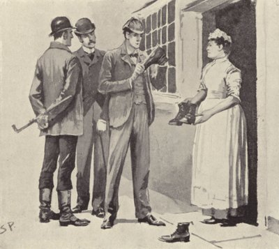 Hizmetçi bize botları gösterdi: Arthur Conan Doyle'un Sherlock Holmes hikayesi The Boscombe Valley Mystery'den bir sahne (litho) by Sidney Paget