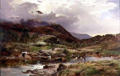 Ön Planda Sığır Olan Dağlık Bir Nehir Manzarası (petrol) by Sidney Richard Percy