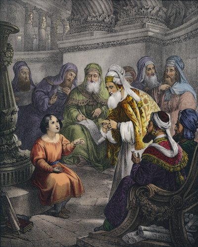 Tapınakta doktorlarla İsa (renkli gravür) by Siegfried Detler Bendixen
