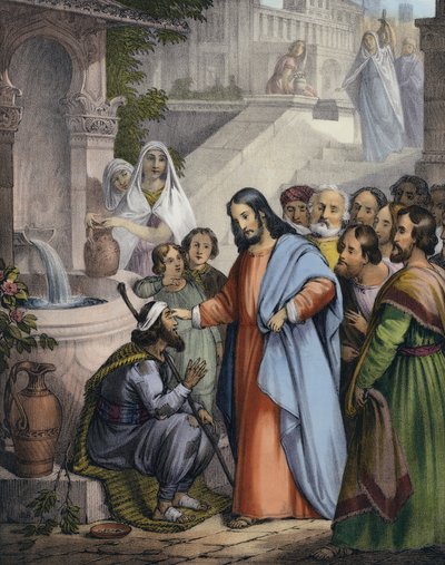 İsa doğuştan kör olan birine görme hakkı verir (renkli gravür) by Siegfried Detler Bendixen