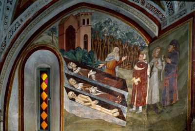 Ölülerin yaşayanlarla buluşması Siena okulunun bir freskinin detayı. 14. yüzyıl. Saint Benoit Manastırı (Sacro Speco), Merdiven, Subiaco (Roma), İtalya by Sienese School