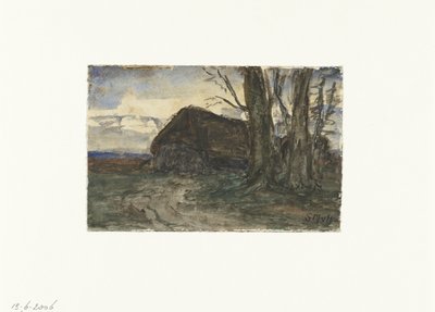 Akşam gökyüzünde ağaçların yanında koyun ağılı by Sientje Mesdag van Houten