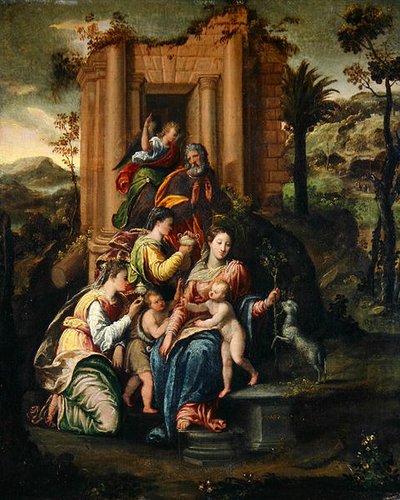 Azizlerle çevrili Kutsal Aile (tuval üzerine yağlı boya) by Sigismondo Scarsellino