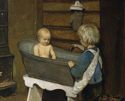 Küvette oynayan çocuklar (tuval üzerine yağlı boya) by Sigmund Sinding