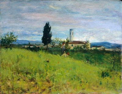 Kırda kilise, Silvestro Lega (1826-1895), panel üzerine yağlı boya, 29x38 cm by Silvestro Lega