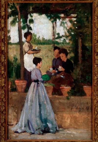 Pergola altında kahve içen İtalyan bayanlar - tuval üzerine yağlıboya by Silvestro Lega