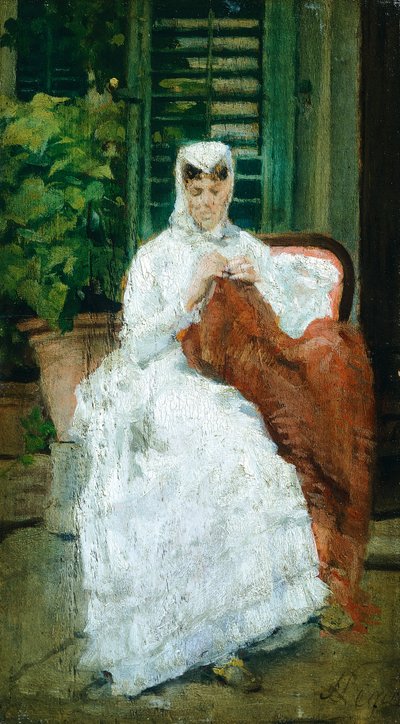 Bayan dikişi, Silvestro Lega (1826-1895), Panel üzerine yağlı boya, 27.5x15.5 cm by Silvestro Lega