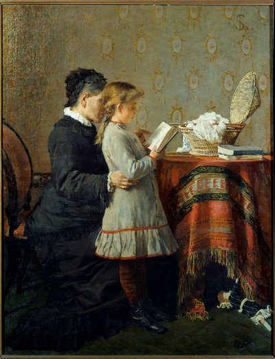 Okuma dersi. Bir hemşire küçük bir kızı okumayı öğrenir. Silvestro Lega (1826-1895) Ec. İtalyan by Silvestro Lega