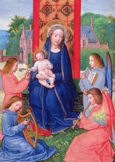 Örn 2125 f.157v Madonna ve Çocuk, enstrüman çalan melekler, Hours of Ghistelles