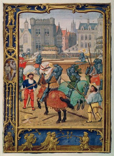 Ekle 24098 f.23v Haziran: Jousting ve hobi atlarıyla bir oyun, bir Saatler Kitabı veya Golf Kitabından, c.1520-30 (parşömen) by Simon (workshop of) Bening