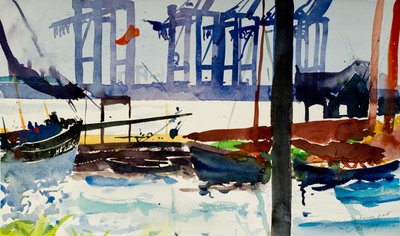 Hamburg, konteyner limanı, 2009 (suluboya) by Simon Fletcher