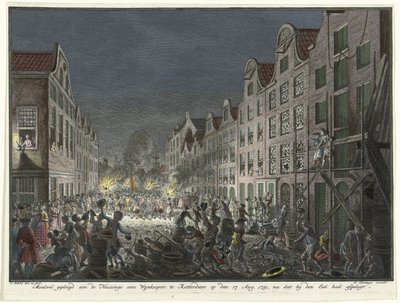 Bir şarap alıcısı Gerrit Hagedooren'in Rotterdam'daki evinin yağmalanması, 1751 Moedwill, 17 Ağustos'ta Rotterdam'daki bir zamanlar Wynkoopers'ın Huizinge'de işledi. 1751, yemin ettikten sonra (nesne üzerindeki başlık) by Simon Fokke
