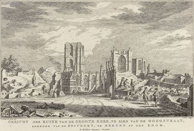 Bergen op Zoom'daki Grote Kerk Harabeleri, 1748 Bergen op den Zoom'daki Bospoort'tan gelen Hoogstraat'tan görülen Groote Kerk kalıntılarının görünümü (nesne üzerindeki başlık) Kuşatma ve Bergen op Z'nin yok edilmesi by Simon Fokke