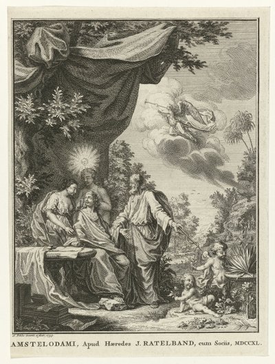 Alegorik figürlerle çevrili yazar by Simon Fokke