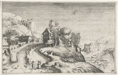 Bir dağ manzarası içinde köy Farklı manzaralar (dizi başlığı) Topographia variarum Regionum (dizi başlığı) by Simon Frisius (attributed to)