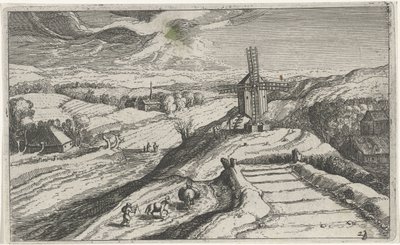 Bir yel değirmeni ile tepelik manzara Farklı manzaralar (dizi başlığı) Topographia variarum Regionum (dizi başlığı) by Simon Frisius (attributed to)