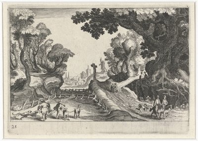 Bir yol boyunca bir haç ile orman manzarası Güney Avrupa manzaraları (dizi başlığı) Topographia variarum Regionum (dizi başlığı) by Simon Frisius