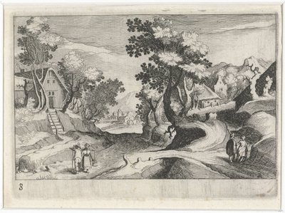 Binalar ve rakamlar ile ormanlık tepelik manzara Güney Avrupa manzaraları (dizi başlığı) Topographia variarum Regionum (dizi başlığı) by Simon Frisius
