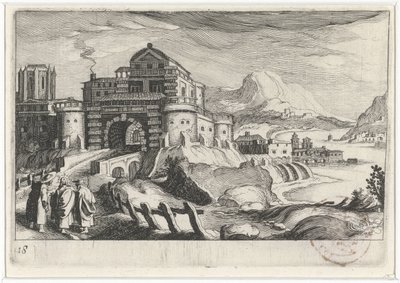 Bir dağ manzarasında bir şehir kapısının önünde Emmäus insanları Güney Avrupa manzaraları (dizi başlığı) Topographia variarum Regionum (dizi başlığı) by Simon Frisius