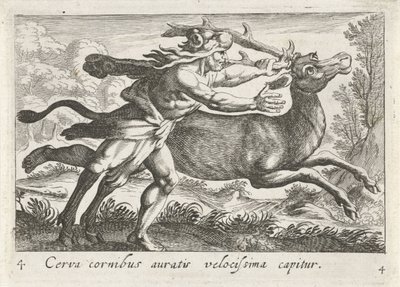 Hercules vangt de hinde van Cerynea Geyik en hızlı yaldızlı boynuzlara yakalanır (nesne üzerindeki başlık) Herkül