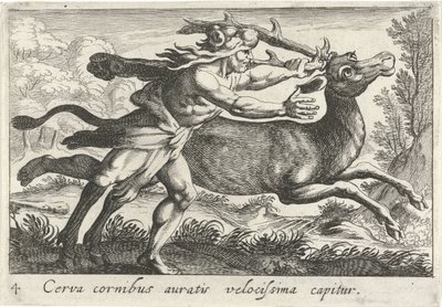 Hercules vangt de hinde van Cerynea Geyik en hızlı yaldızlı boynuzlara yakalanır (nesne üzerindeki başlık) Herkül
