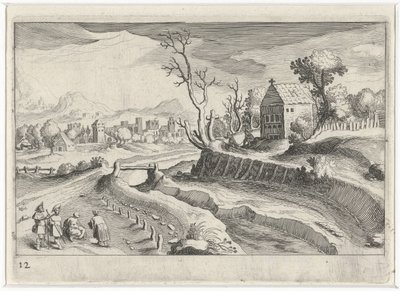 Bir şapel ile tepelik manzara Güney Avrupa manzaraları (dizi başlığı) Topographia variarum Regionum (dizi başlığı) by Simon Frisius