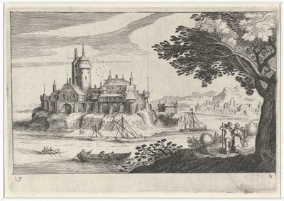 Bir adada bir kale ile tepelik manzara Güney Avrupa manzaraları (dizi başlığı) Topographia variarum Regionum (dizi başlığı) by Simon Frisius