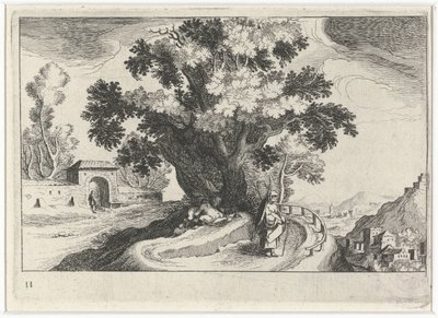Bir ağacın altında sevişen tepelik bir manzara Güney Avrupa manzaraları (dizi başlığı) Topographia variarum Regionum (dizi başlığı) by Simon Frisius