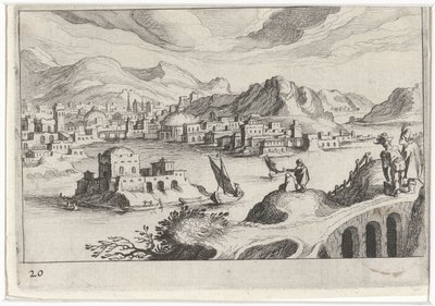 Bir nehir vadisinde şehir manzarası Güney Avrupa manzaraları (dizi başlığı) Topographia variarum Regionum (dizi başlığı) by Simon Frisius