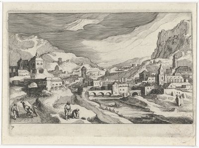 Bir nehir vadisinde şehir manzarası Güney Avrupa manzaraları (dizi başlığı) Topographia variarum Regionum (dizi başlığı) by Simon Frisius
