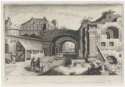Bir harabe ile şehir manzarası Güney Avrupa manzaraları (dizi başlığı) Topographia variarum Regionum (dizi başlığı) by Simon Frisius