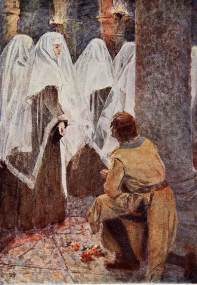 İskoç Şövalyesi tek dizinin üzerinde peçeli rahibelerin yanından geçerken izledi, Sir Walter Scott