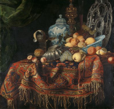 Türkiye Halısı Üzerinde Meyve, Tabak ve Tabaklarla Natürmort by Simon Luttichuys (attributed to)